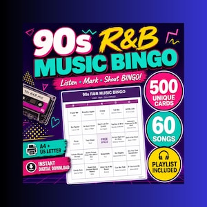 May include: A 90s R&B Music Bingo game set featuring a purple bingo card with song titles, a cassette tape graphic, and text indicating 500 unique cards, 60 songs, a playlist, and instant digital download options in A4 and US Letter sizes.