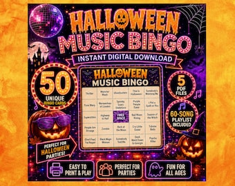 Op de afbeelding: Een digitaal Halloween muziekbingospel met een zwarte achtergrond, oranje tekst, een discobal, een pompoen met een paarse zonnebril en een raster van 25 vakjes met songtitels zoals Thriller en Ghostbusters.