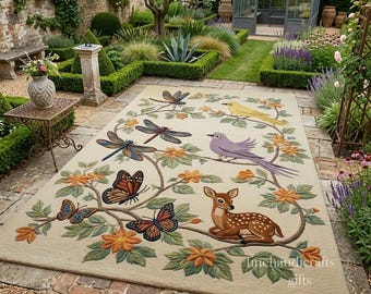 Puede incluir: Alfombra rectangular beige con un diseño de temática natural. Presenta mariposas, libélulas, pájaros y un ciervo sobre ramas con flores naranjas y hojas verdes. La alfombra está colocada sobre un patio de piedra en un jardín.