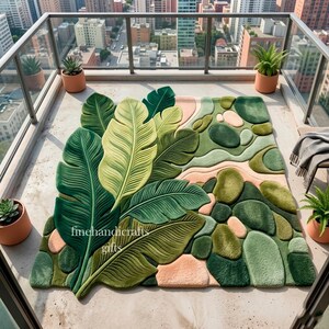 Alfombra de lana tejida a mano con diseño de hoja de monstera, alfombra inspirada en la naturaleza botánica. imagen 7