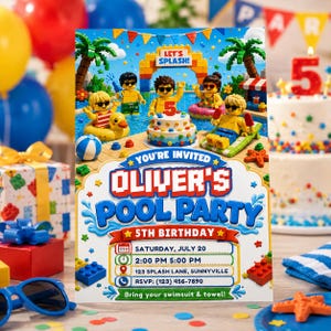 May include: A rectangular party invitation card featuring a colorful Lego-themed pool scene with five minifigures, a birthday cake, and the text: Oliver's Pool Party, 5th Birthday, Saturday, July 20, 2:00 PM 5:00 PM, 123 Splash Lane, Sunnyville.