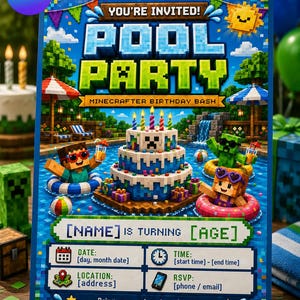 Può includere: Un invito blu per una festa in piscina con grafica pixelata. L'invito presenta il testo "POOL PARTY" e "MINECRAFTER BIRTHDAY BASH". Include campi per nome, età, data, ora, luogo e informazioni RSVP. L'invito ha anche un tema Minecraft.