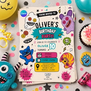 May include: A birthday party invitation card featuring colorful cartoon monsters, splatters, and text reading: YOU'RE INVITED TO OLIVER'S BIRTHDAY PARTY! JOIN US TO CELEBRATE OLIVER TURNING 10, SATURDAY JUNE 14TH, 2:00PM - 5:00PM, 1234 FUGGLY LANE, WEIRDVILLE, CA 12345.