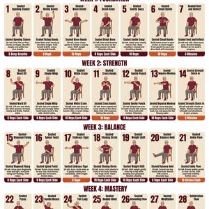 May include: A 28-day chair Tai Chi challenge chart featuring 28 numbered illustrations of a person performing seated movements. The text includes titles for each week, specific exercise names, instructions, and repetition counts for daily practice.
