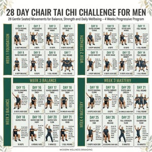 Desafio de Tai Chi na Cadeira de 28 Dias para Homens (PDF) | Exercícios de Tai Chi Sentado para Idosos | Programa de 4 Semanas para Equilíbrio, Mobilidade e Força (Imprimível)