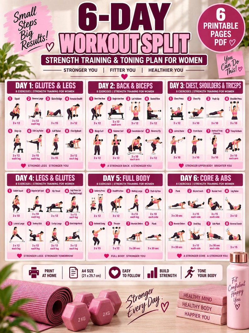 Beginner Workout Split Week Routine 6 Day Workout Split for Women Printable, Strength Training & Toning ...
