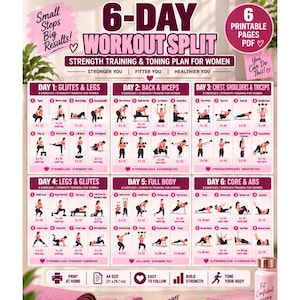 May include: A 6-day workout split printable PDF guide featuring strength training and toning exercises. The document includes six daily routines with illustrated movements, set and repetition counts, and A4 size 21 x 29.7 cm dimensions.