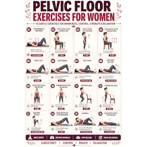 May include: A white informational poster titled PELVIC FLOOR EXERCISES FOR WOMEN featuring 16 numbered illustrations of various physical movements. Each section includes a title, a graphic of a person performing the exercise, and text instructions.