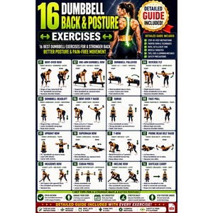 Può includere: Un poster intitolato 16 DUMBBELL BACK & POSTURE EXERCISES che presenta sedici illustrazioni numerate di vari esercizi con manubri. Il grafico include descrizioni testuali per ogni movimento, una figura centrale e un badge di guida dettagliata.