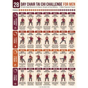 28 Day Chair Tai Chi Challenge for Men PDF | Seated Tai Chi Exercises for Seniors | 4 Week Balance, Mobility & Strength Program Printable