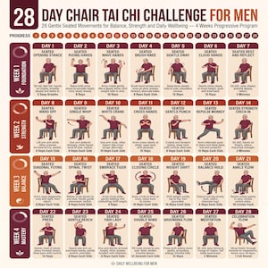28 Day Chair Tai Chi Challenge for Men PDF | Seated Tai Chi Exercises for Seniors | 4 Week Balance, Mobility & Strength Program Printable