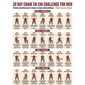 May include: A 28-day chair Tai Chi challenge chart featuring 28 daily seated movements organized into four weekly sections: Foundation, Strength, Balance, and Mastery. Each day includes a numbered box with an illustration of a person in a chair.