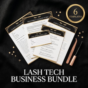 May include: A set of six black and white lash business templates featuring gold accents, including a client consultation form, treatment consent form, history intake, aftercare guide, and appointment card, alongside rose gold tweezers and a mascara wand.
