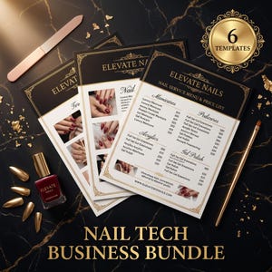 Può includere: Un pacchetto business per onicotecnica con sei modelli dai bordi neri e dorati, che mostrano menu di servizi e listini prezzi per manicure, pedicure e acrilici. Include una lima per unghie, uno smalto rosso scuro e punte per unghie dorate.