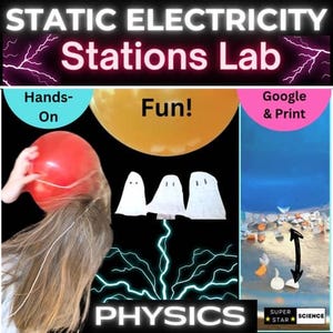 May include: A graphic for a physics lab experiment on static electricity. The image features a red balloon, white ghost cutouts, and the text "STATIC ELECTRICITY Stations Lab", "Hands-On", "Fun!", "Google & Print", and "PHYSICS".