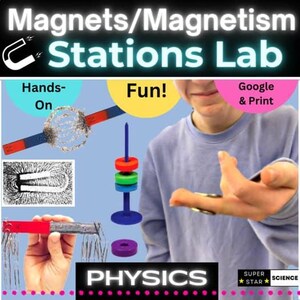 May include: A science lab graphic with the text "Magnets/Magnetism Stations Lab." The image shows various magnets, including bar magnets and ring magnets, along with the text "Hands-On," "Fun!," and "Physics."