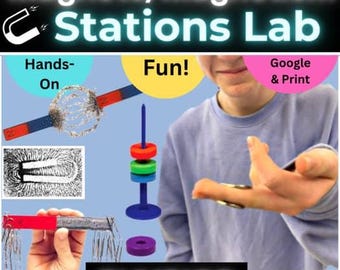 Op de afbeelding: Een afbeelding van een wetenschapslab met de tekst "Magnets/Magnetism Stations Lab". De afbeelding toont verschillende magneten, waaronder staafmagneten en ringmagneten, samen met de tekst "Hands-On", "Fun!" en "Physics".