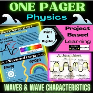 May include: A colorful educational poster about physics, featuring the text "ONE PAGER Physics". The poster includes diagrams and text about waves, wave characteristics, and energy, with a rainbow spectrum illustration. The words "Print & Digital" are also visible.