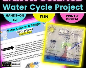 Op de afbeelding: Een wetenschappelijk project over de watercyclus, met de tekst "Hands-On EZ" en "Fun". De afbeelding toont een diagram van de watercyclus in een zakje, met labels voor verdamping, condensatie en neerslag. De tekst "Print & Digital" is ook zichtbaar.