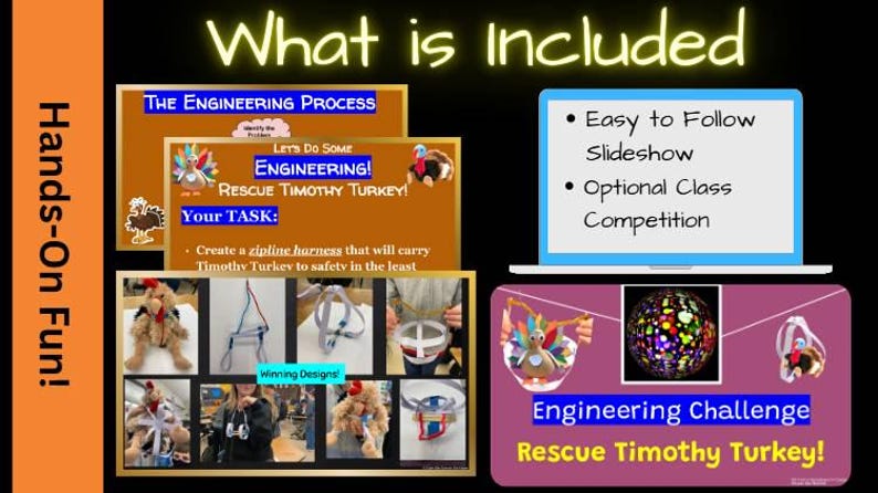 May include: A colorful educational graphic with the text "What is Included" and "Hands-On Fun!". It features a laptop screen with bullet points, and images related to an engineering challenge called "Rescue Timothy Turkey!"