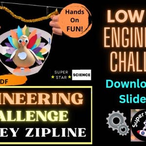 May include: A colorful image promoting a "Low Prep Engineering Challenge" with a turkey zipline theme. The image features a paper turkey craft and the text "Hands On FUN!" and "Download & Go Slideshow."
