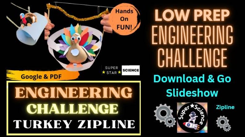 May include: A colorful image promoting a "Low Prep Engineering Challenge" with a turkey zipline theme. The image features a paper turkey craft and the text "Hands On FUN!" and "Download & Go Slideshow."