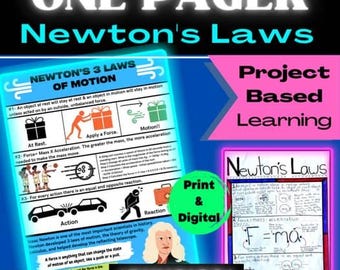 Op de afbeelding: Een kleurrijke educatieve poster getiteld "Newton's Laws" met de tekst "One Pager" bovenaan. De poster bevat diagrammen en uitleg van de drie bewegingswetten van Newton, met de woorden "Print & Digital" en "Physics".