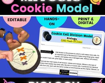 Op de afbeelding: Een biologieles over mitose. De afbeelding toont een koekjesmodel van een cel met chromosomen, een laptop met informatie en de woorden "MITOSIS Cookie Model" in grote letters. De woorden "EDITABLE", "HANDS-ON" en "PRINT & DIGITAL" zijn ook zichtbaar.