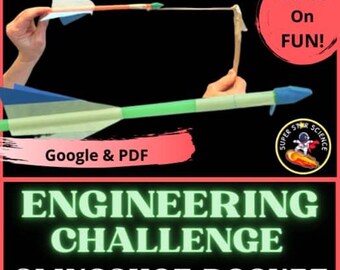 Op de afbeelding: Een afbeelding van een katapultraket die wordt gelanceerd. De raket is groen, blauw en wit. De afbeelding bevat de tekst "Hands On FUN!" en "ENGINEERING CHALLENGE SLINGSHOT ROCKET". De afbeelding bevat ook de tekst "Google & PDF".