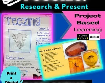 Op de afbeelding: Educatieve poster met de titel "FOSSILS! Research & Present". De poster bevat handgeschreven aantekeningen over bevriezing en barnsteen, met illustraties van een olifant en insecten in barnsteen. De tekst "Print & Digital" is ook zichtbaar.