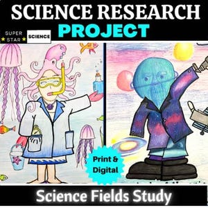 May include: A colorful illustration for a science project. The image features cartoon characters, including a scientist with an octopus head and a planet-headed figure. The text reads "SCIENCE RESEARCH PROJECT", "Print & Digital", and "Science Fields Study".