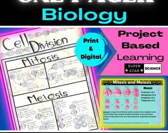 Op de afbeelding: Een educatieve bron voor biologie met de titel "ONE PAGER Biology". De afbeelding toont diagrammen van "Cell Division", "Mitosis" en "Meiosis", met de tekst "Print & Digital" en "Project Based Learning".