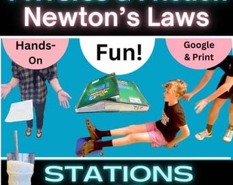 Op de afbeelding: Een turquoise educatieve poster met de tekst "PHYSICS & Friction Newton's Laws" en "STATIONS LAB". De afbeelding toont een kind op een skateboard, boeken en de woorden "Hands-On", "Fun!" en "Google & Print".