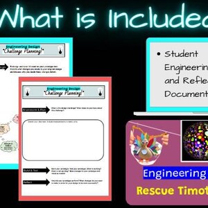 May include: Educational image with the text "What is Included" and "Hands-On Fun!". It features student engineering planning documents, a laptop, and a graphic for the "Engineering Challenge Rescue Timothy Turkey!" project.