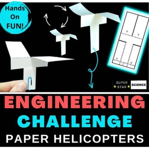 May include: A black background features white paper helicopters in various stages of flight, with a diagram and the words "Hands On FUN!" and "Engineering Challenge Paper Helicopters". A hand holds a paper helicopter with a blue paperclip.