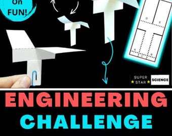 Op de afbeelding: Een zwarte achtergrond met witte papieren helikopters in verschillende stadia van de vlucht, met een diagram en de woorden "Hands On FUN!" en "Engineering Challenge Paper Helicopters". Een hand houdt een papieren helikopter met een blauwe paperclip.