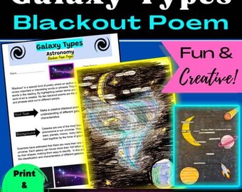 Op de afbeelding: Een kleurrijke educatieve poster getiteld "Galaxy Types Blackout Poem" met illustraties over astronomie. De poster bevat de tekst "Fun & Creative!" en "Print & Digital". Het ontwerp toont een tekening van de maan, planeten en sterren.