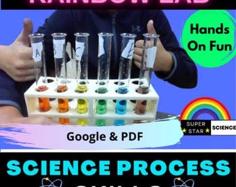 Op de afbeelding: Een wetenschappelijk experiment met reageerbuizen met gekleurde vloeistoffen. De afbeelding bevat de tekst "RAINBOW LAB", "Hands On Fun", "Google & PDF" en "SCIENCE PROCESS SKILLS". Er is ook een regenboogafbeelding.
