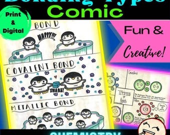 Op de afbeelding: Een kleurrijke educatieve poster getiteld "Bonding Types Comic" met illustraties van pinguïns die verschillende soorten bindingen vertegenwoordigen. De poster bevat de woorden "Print & Digital", "Fun & Creative!" en "Chemistry".