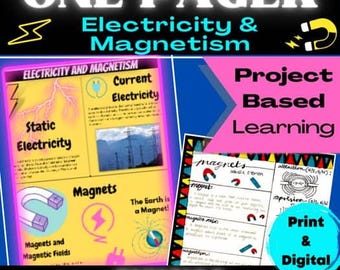 Op de afbeelding: Een kleurrijke educatieve poster getiteld "One Pager Electricity & Magnetism" met de tekst "Project Based Learning" en "Print & Digital". De poster bevat diagrammen en tekst over statische elektriciteit, magneten en elektrische stroom. Het woord "Physics" staat onderaan.