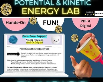 Op de afbeelding: Een wetenschappelijk thema-afbeelding met de tekst "POM POM POPPER POTENTIAL & KINETIC ENERGY LAB". De afbeelding bevat een laptop met een labactiviteit, een hand die een gele beker vasthoudt en het woord "PHYSICS".