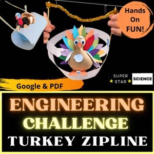 May include: A colorful turkey craft with a paper headpiece and a small turkey puppet in a blue cup. The image includes the text "Hands On FUN!" and "ENGINEERING CHALLENGE TURKEY ZIPLINE".