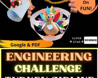 Op de afbeelding: Een kleurrijk kalkoenknutselwerk met een papieren hoofdband en een kleine kalkoenpop in een blauwe beker. De afbeelding bevat de tekst "Hands On FUN!" en "ENGINEERING CHALLENGE TURKEY ZIPLINE".