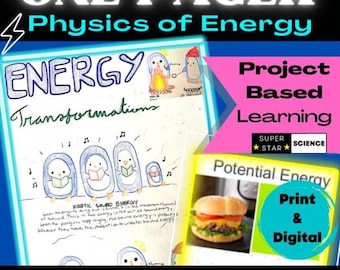 Op de afbeelding: Een kleurrijke educatieve poster getiteld "ONE PAGER Physics of Energy" met de tekst "ENERGY Transformations". De poster bevat illustraties van pinguïns en een hamburger, met de woorden "Project Based Learning" en "Print & Digital".