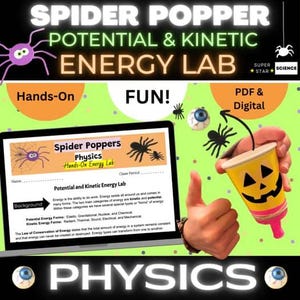 May include: A science lab advertisement with the text "SPIDER POPPER POTENTIAL & KINETIC ENERGY LAB." A laptop displays "Spider Poppers Physics Hands-On Energy Lab." A yellow cup with a jack-o'-lantern face is held up. The background is green.