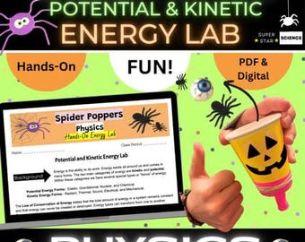 Op de afbeelding: Een advertentie voor een wetenschapslab met de tekst "SPIDER POPPER POTENTIAL & KINETIC ENERGY LAB." Een laptop toont "Spider Poppers Physics Hands-On Energy Lab." Een gele beker met een pompoengezicht wordt omhoog gehouden. De achtergrond is groen.