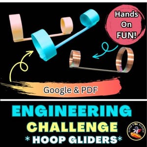 Puede incluir: Imagen de planeadores de aro coloridos con el texto "Hands On FUN!" y "ENGINEERING CHALLENGE * HOOP GLIDERS*". Los planeadores son en tonos de azul, rosa y cobre. El fondo es negro con un degradado colorido.