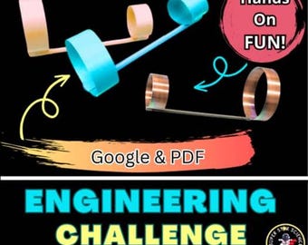 Op de afbeelding: Afbeelding van kleurrijke hoepelzwevers met de tekst "Hands On FUN!" en "ENGINEERING CHALLENGE * HOOP GLIDERS*". De zwevers zijn in tinten blauw, roze en koper. De achtergrond is zwart met een kleurverloop.