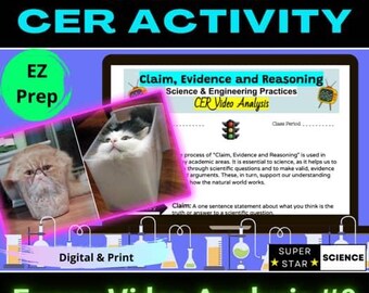 Op de afbeelding: Een digitale educatieve bron getiteld "Science CER Activity" met de tekst "Funny Video Analysis #3". De afbeelding toont een computerscherm met tekst over wetenschappelijk redeneren en afbeeldingen van katten. De woorden "Digital & Print" zijn ook zichtbaar.