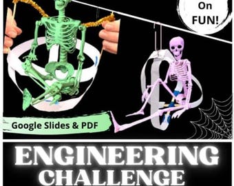 Op de afbeelding: Afbeelding ter promotie van een wetenschappelijke activiteit. Het toont twee skeletmodellen, één groen en één roze, die aan een zipline hangen. De tekst bevat "Hands On FUN!" en "ENGINEERING CHALLENGE SKELETON ZIPLINE."